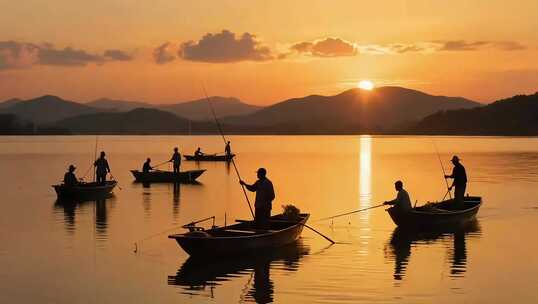 夕阳下湖面渔船捕鱼场景