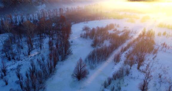 航拍大兴安岭极寒时节雪原树丛暖阳