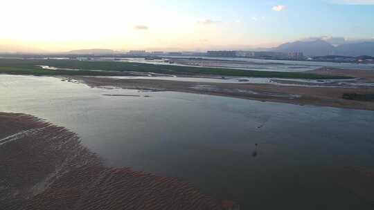 航拍闽江小岛果园茉莉花田沙洲湿地河汊白鹭