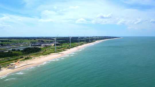 航拍海南文昌环岛旅游自驾旅行与新能源风车