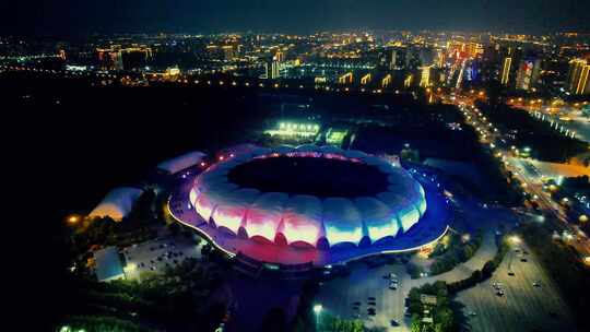 河北沧州体育中心夜景灯光航拍