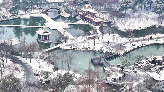 航拍瘦西湖景区园林大明寺观音山宋夹城雪景