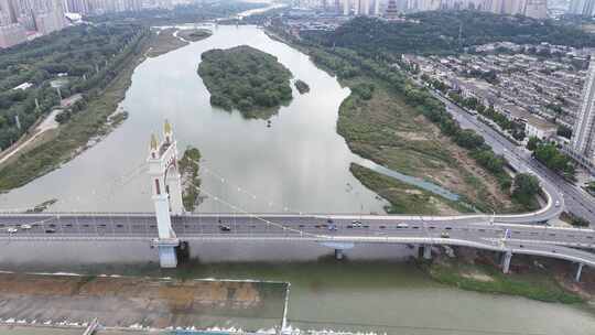 陕西宝鸡渭河联盟大桥地标建筑航拍