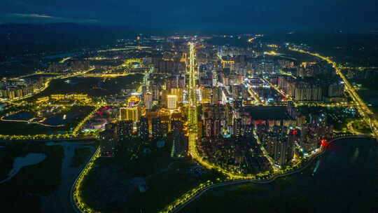 防城港市区金花茶大道夜景航拍延时视频