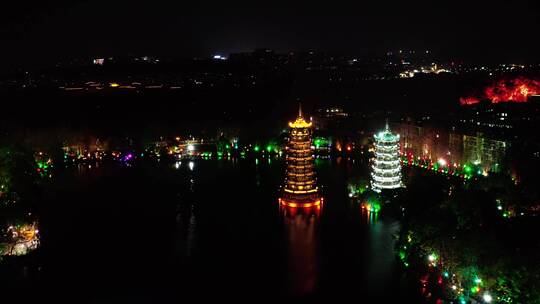 4k航拍广西桂林夜景日月双塔