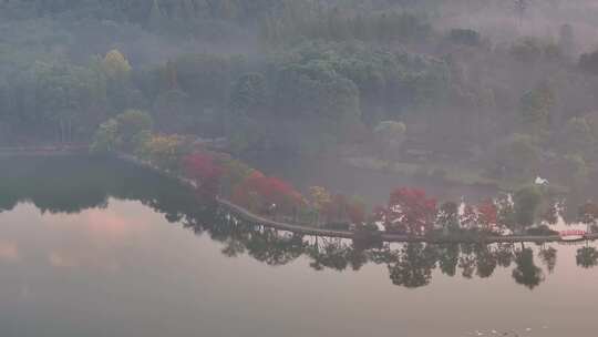 航拍南京前湖公园日出晨雾