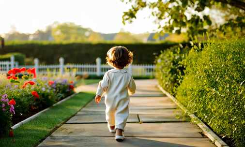 蹒跚学步的孩子走在花园小径上