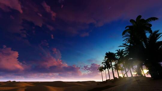 绿洲岸边沙漠中的夕阳