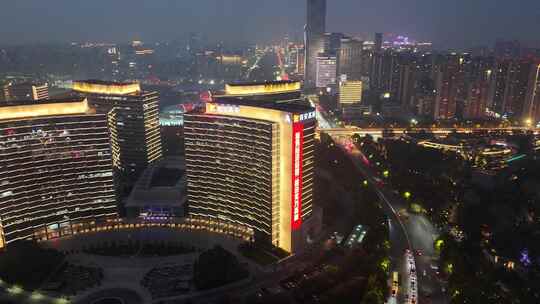 陕西西安高新区夜景绿地都市之门夜景航拍