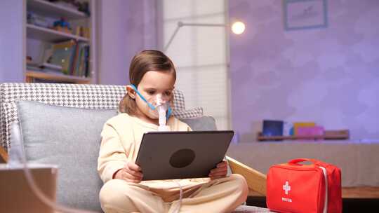 女孩在医疗程序雾化器吸入器期间在平板电脑