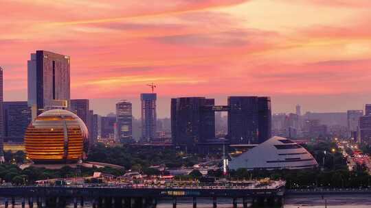 航拍杭州钱塘江新城黄昏晚霞火烧云高楼夜景