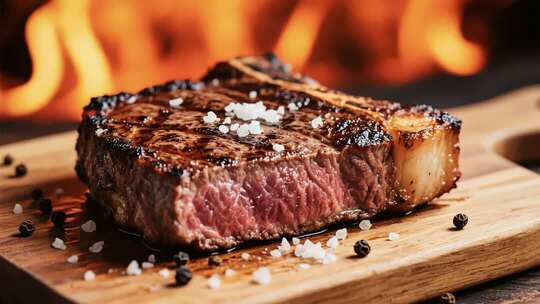 木板上的煎牛排特写