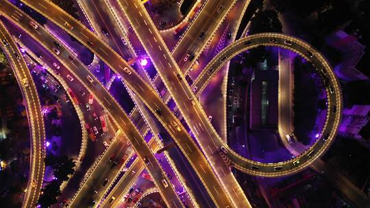 广州市中心城区航拍立交桥夜晚的车流俯拍