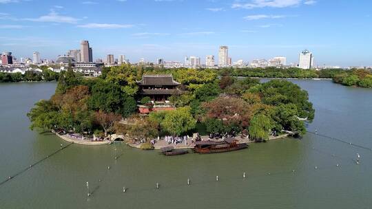 航拍嘉兴南湖景区浙江嘉兴南湖红船