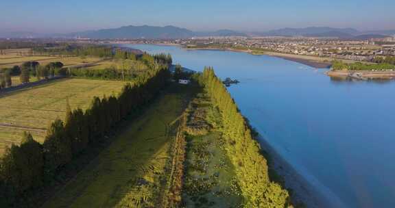 杭州西湖区双浦钱塘江五丰岛沿江航拍风光