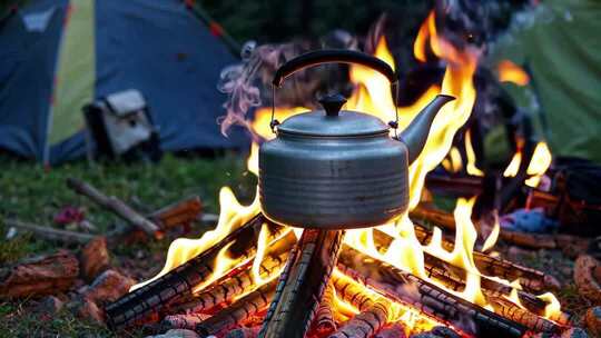 户外露营篝火上煮水壶场景