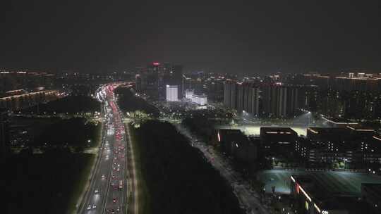 航拍杭州城市与机场高架夜景车流灯光