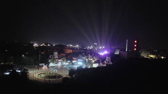 航拍上海欢乐谷游乐设施夜景灯光秀