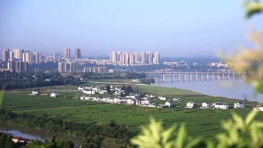 潼南城市日出云海翻腾江河城市和谐景象