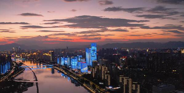 福州闽江震撼晚霞夜景航拍（鼓山大桥）