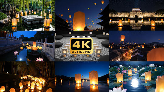 古风场景放河灯孔明灯画面高清在线视频素材下载