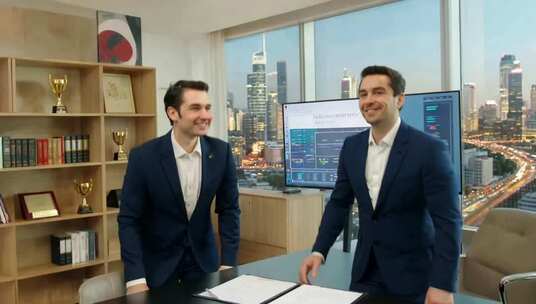 办公室内两位商人交流场景