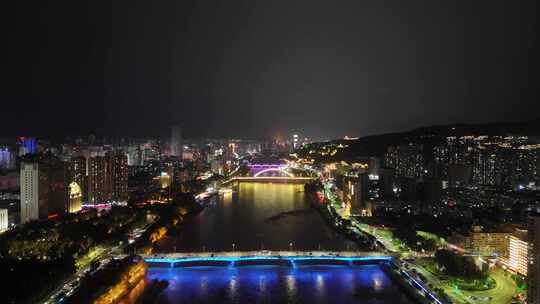 甘肃兰州黄河两岸夜景灯光航拍