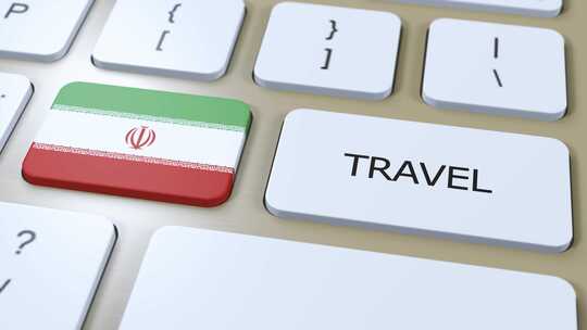 伊朗国旗和文字旅行按钮旅行到国家3D动画