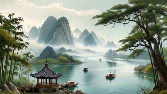 中式山水风景含亭台与船只