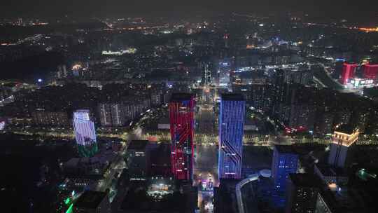 江门五邑华侨广场夜景航拍蓬江万达广场夜景