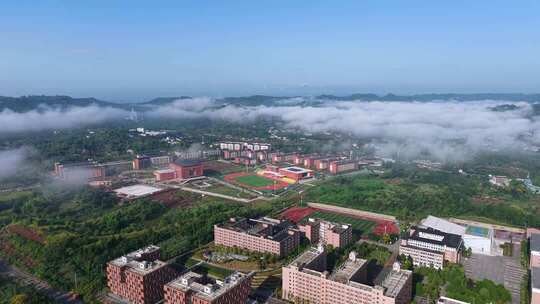 航拍清晨下的学校