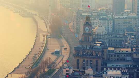 航拍上海陆家嘴外滩黄浦江外白渡桥日出