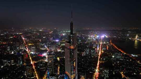 江苏南京CBD紫峰大厦建筑群日落夜景航拍