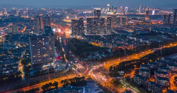 义乌城市道路交通夜景车流风光航拍延时