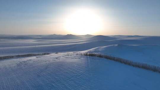 航拍冬天内蒙古草原雪原暮色