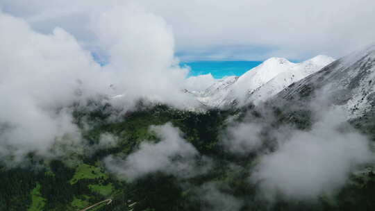 川西壮观唯美自然风光云雾山谷雪山实拍航拍