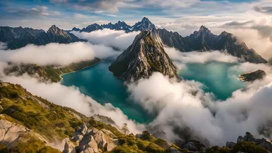 高山云海间的湖泊美景