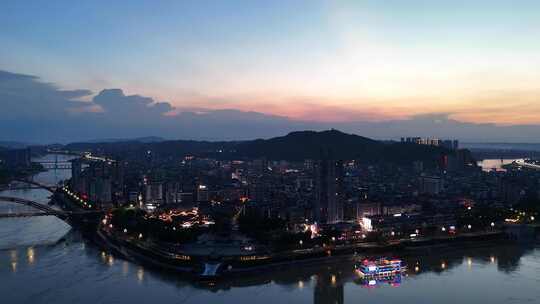 四川宜宾三江交汇处合江楼晚霞夜景航拍