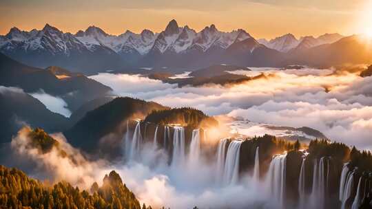 壮美山川云海瀑布全景