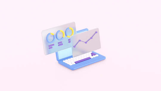 笔记本电脑和图形的3d动画、财务图表和图