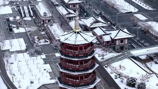 航拍洛阳朱樱塔雪景