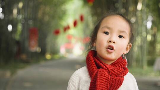 红围脖毛衣小女孩唱歌特写可爱新年快乐