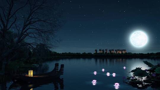 建筑动画地产动画湖边月亮 河边夜景
