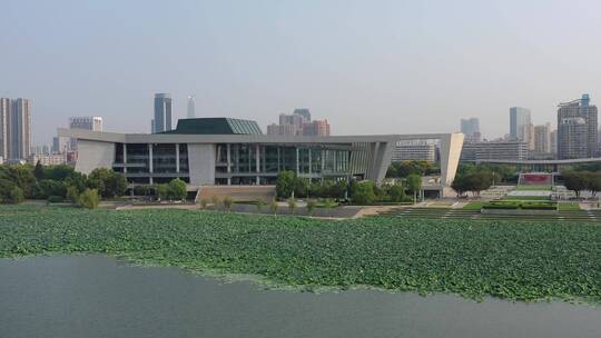 武汉琴台航拍建筑主体荷花池远处高楼