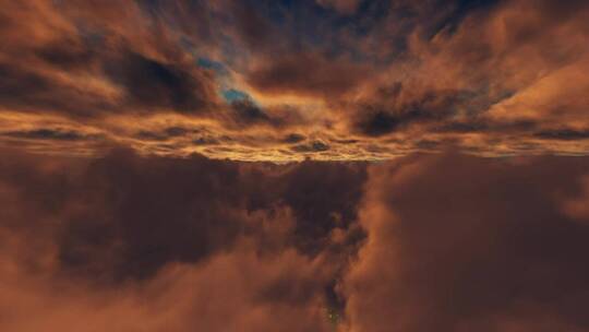 日落时分，在3D天空的云层间飞翔