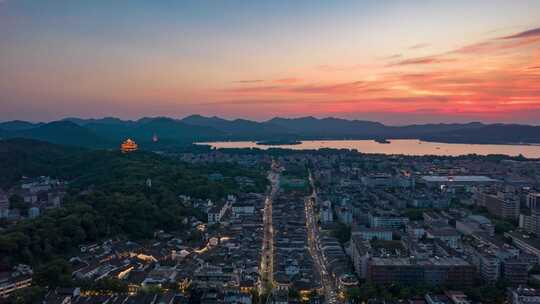 杭州河坊街西湖夜幕降临晚霞夕阳航拍