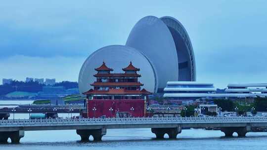 广州珠海日月贝大剧院情侣路海滩高空航拍