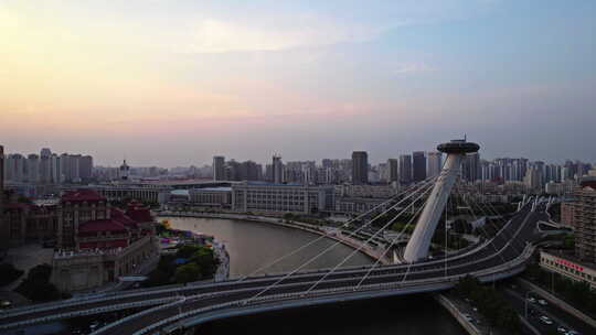 天津海河建筑风景线日落城市风光航拍