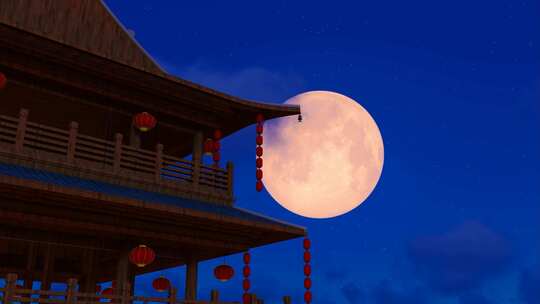 八月十五传统中秋节屋檐上升起的月亮