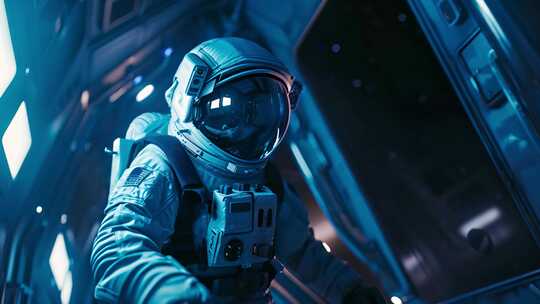 在空间站内穿着宇航服的宇航员视频素材模板下载